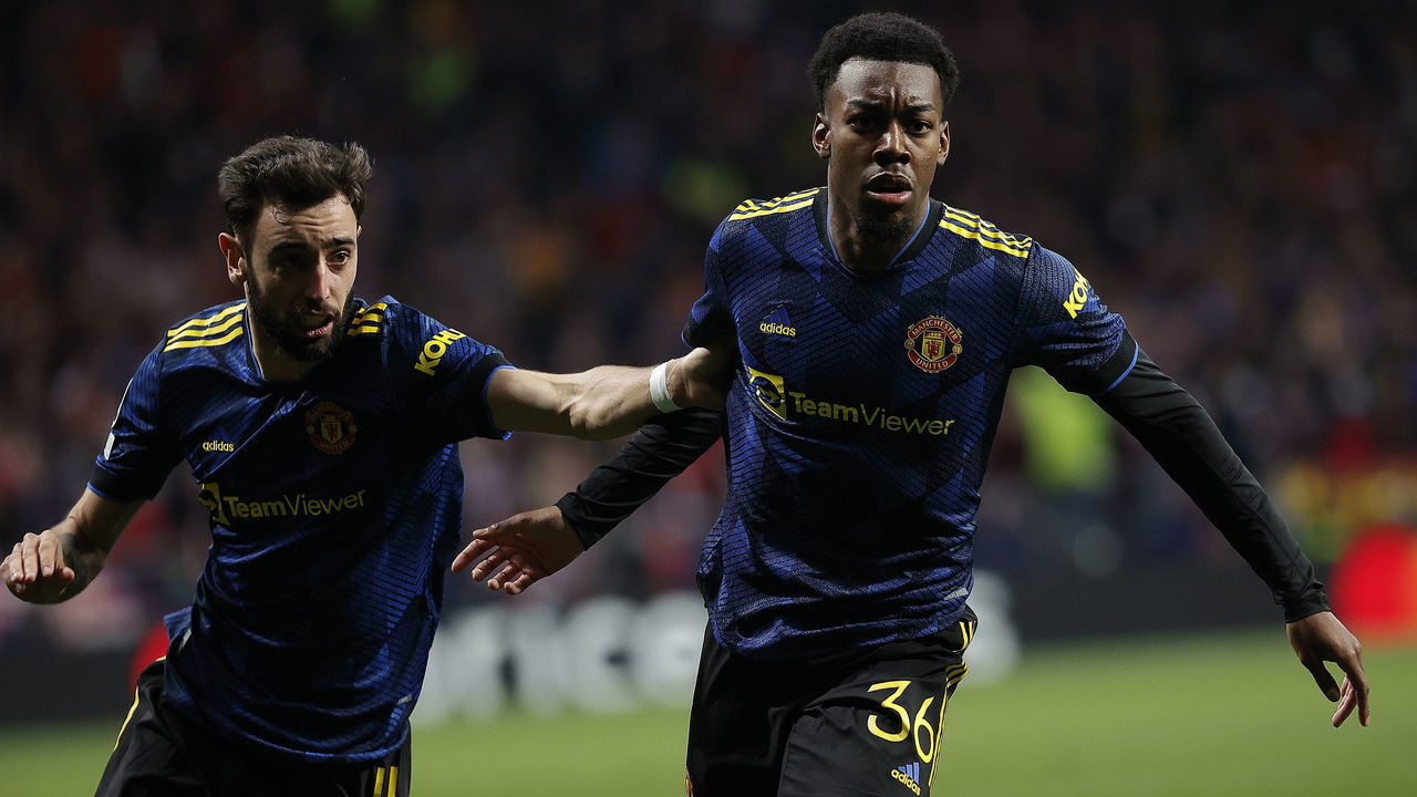 MADRID, SPAIN - FEBRUARY 23: Anthony Elanga of Manchester United celebrates after scoring a goal during the first leg of the UEFA Champions Leagueâs Round of 16 soccer match between Atletico Madrid and Manchester United at Wanda Metropolitano Stadium in Madridâ, Spain on February 23, 2022.