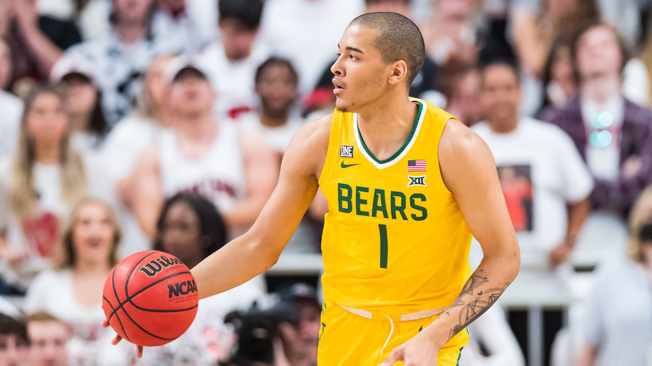 LUBBOCK, TEXAS - FEBRUARY 16: Forward Jeremy Sochan #1 of the Baylor Bears handles the ball during the first half of the college basketball game against the Texas Tech Red Raiders at United Supermarkets Arena on February 16, 2022 in Lubbock, Texas.