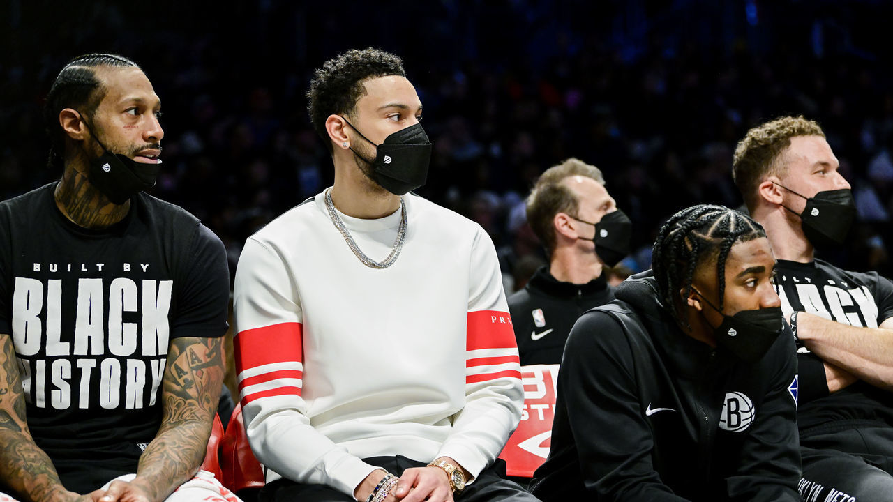 NEW YORK, NEW YORK - FEBRUARY 14: Ben Simmons of the Brooklyn Nets looks on from the bench against the Sacramento Kings at Barclays Center on February 14, 2022 in New York City.