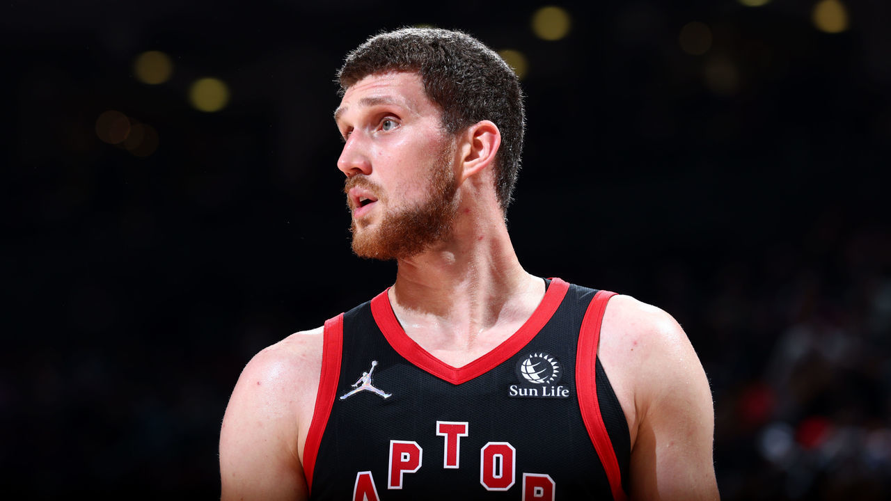 TORONTO, CANADA - NOVEMBER 28: Svi Mykhailiuk #14 of the Toronto Raptors looks on during the game against the Boston Celtics on November 28, 2021 at the Scotiabank Arena in Toronto, Ontario, Canada. Mandatory Copyright Notice: Copyright 2021 NBAE