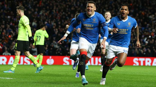 GLASGOW, SCOTLAND - FEBRUARY 24: Rangers James Tavernier celebrates making it 1-0 during a UEFA Europa League Play Off second leg match between Rangers and Borussia Dortmund at Ibrox Stadium, on February 24, 2022, in Glasgow, Scotland