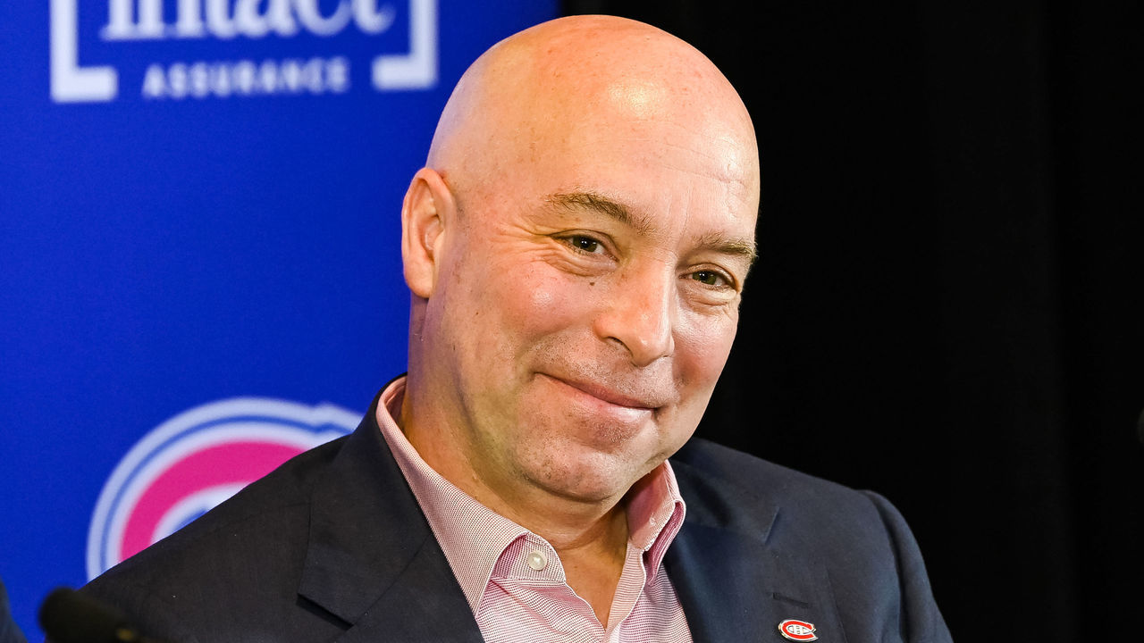 MONTREAL, QC - FEBRUARY 10: Montreal Canadiens general manager Kent Hughes addresses the media on February 10, 2022, at Bell Sports Complex in Brossard, QC