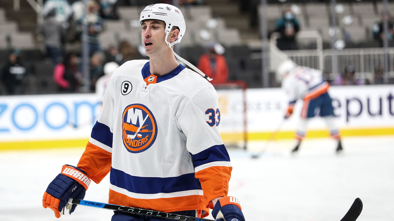 SAN JOSE, CA - FEBRUARY 24: Zdeno Chara #33 of the New York Islanders skates during warmups before his 1,652 game played in the NHL against the San Jose Sharks at SAP Center on February 24, 2022 in San Jose, California.