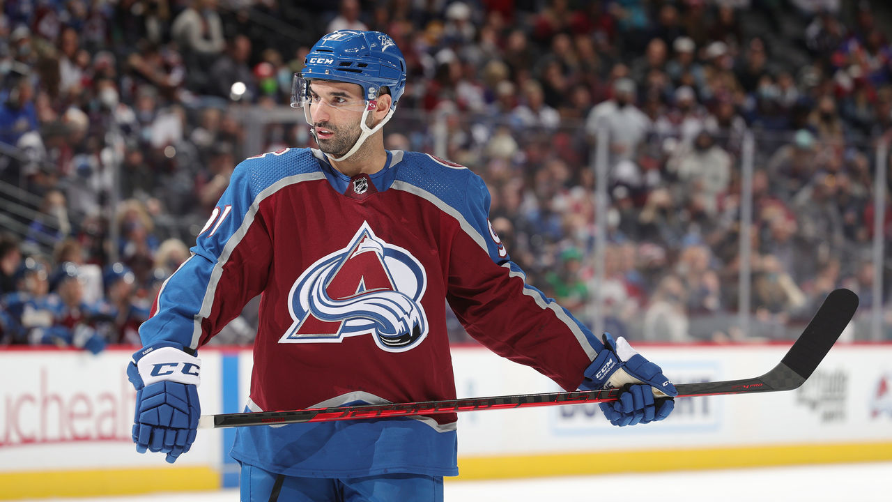 DENVER, COLORADO - JANUARY 30: Nazem Kadri #91 of the Colorado Avalanche looks on during a break in the action against the Buffalo Sabres at Ball Arena on January 30, 2022 in Denver, Colorado.