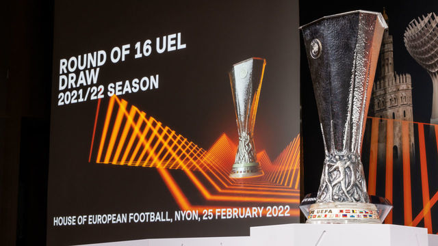 NYON, SWITZERLAND - FEBRUARY 25: A view of the UEFA Europa League trophy during the UEFA Europa League 2021/22 Round of 16 Draw at the UEFA headquarters, The House of European Football, on February 25, 2022, in Nyon, Switzerland.