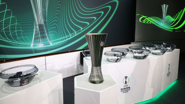 NYON, SWITZERLAND - FEBRUARY 25: A general view of the stage during the UEFA Europa Conference League 2021/22 Round of 16 Draw at the UEFA headquarters, The House of European Football, on February 25, 2022, in Nyon, Switzerland.