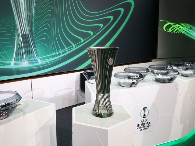 NYON, SWITZERLAND - FEBRUARY 25: A general view of the stage during the UEFA Europa Conference League 2021/22 Round of 16 Draw at the UEFA headquarters, The House of European Football, on February 25, 2022, in Nyon, Switzerland.
