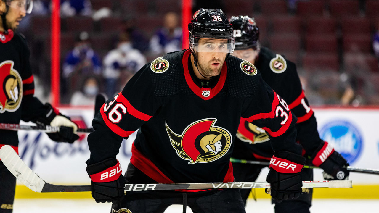 OTTAWA, ON - SEPTEMBER 29: Ottawa Senators center Colin White (36) before a face-off during third period National Hockey League preseason action between the Toronto Maple Leafs and Ottawa Senators on September 29, 2021, at Canadian Tire Centre in Ottawa, ON, Canada.