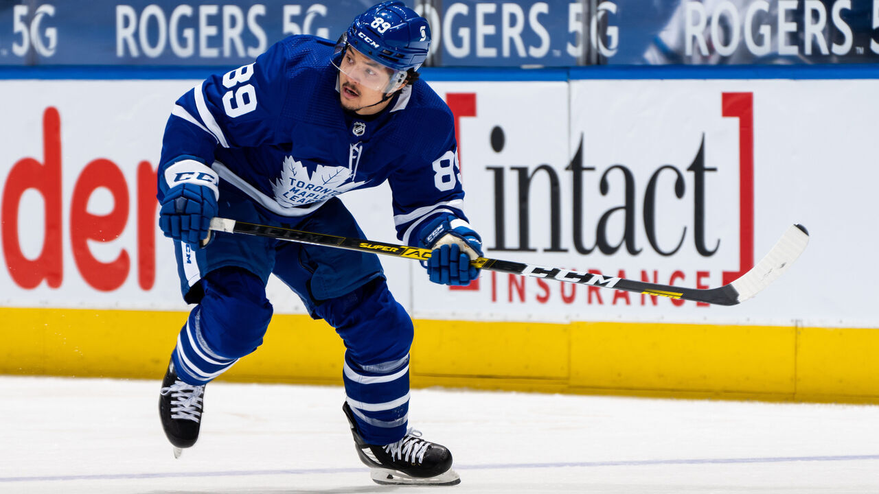 TORONTO, ON - APRIL 15: Nicholas Robertson #89 of the Toronto Maple Leafsskates against the Winnipeg Jets during the second period at the Scotiabank Arena on April 15, 2021 in Toronto, Ontario, Canada.