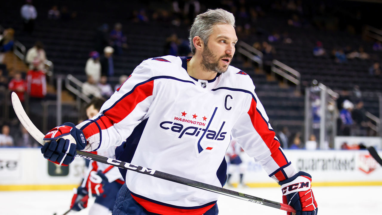 NEW YORK, NY - FEBRUARY 24: Washington Capitals Left Wing Alex Ovechkin (8) is pictured prior to the National Hockey League game between the Washington Capitals and the New York Rangers on February 24, 2022 at Madison Square Garden in New York, NY.