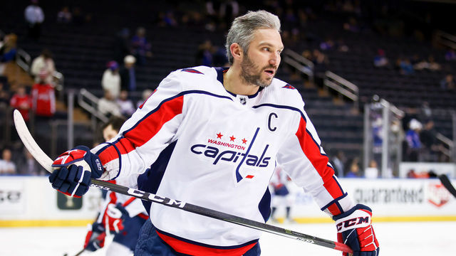 NEW YORK, NY - FEBRUARY 24: Washington Capitals Left Wing Alex Ovechkin (8) is pictured prior to the National Hockey League game between the Washington Capitals and the New York Rangers on February 24, 2022 at Madison Square Garden in New York, NY.