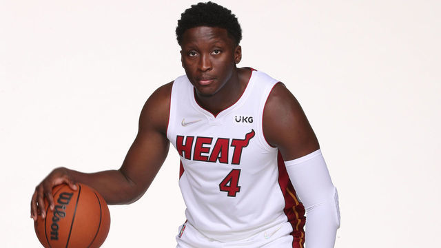MIAMI, FL - SEPTEMBER 27: Victor Oladipo #4 of the Miami Heat poses for a portrait during NBA Media Day on September 27, 2021 at FTX Arena in Miami, Florida. NOTE TO USER: User expressly acknowledges and agrees that, by downloading and/or using this photograph, user is consenting to the terms and conditions of the Getty Images License Agreement. Mandatory copyright notice: Copyright NBAE 2021