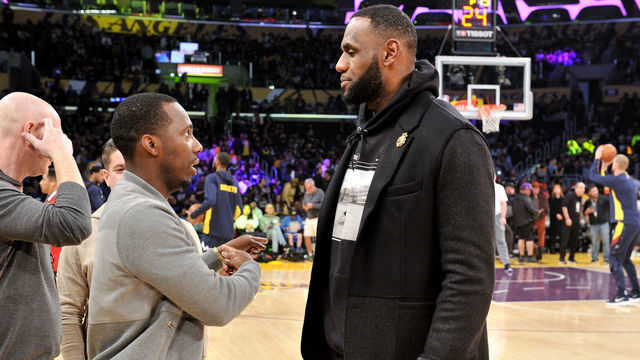 LOS ANGELES, CALIFORNIA - DECEMBER 22: Rich Paul and LeBron James talk during halftime of a basketball game between the Los Angeles Lakers and the Denver Nuggets at Staples Center on December 22, 2019 in Los Angeles, California.