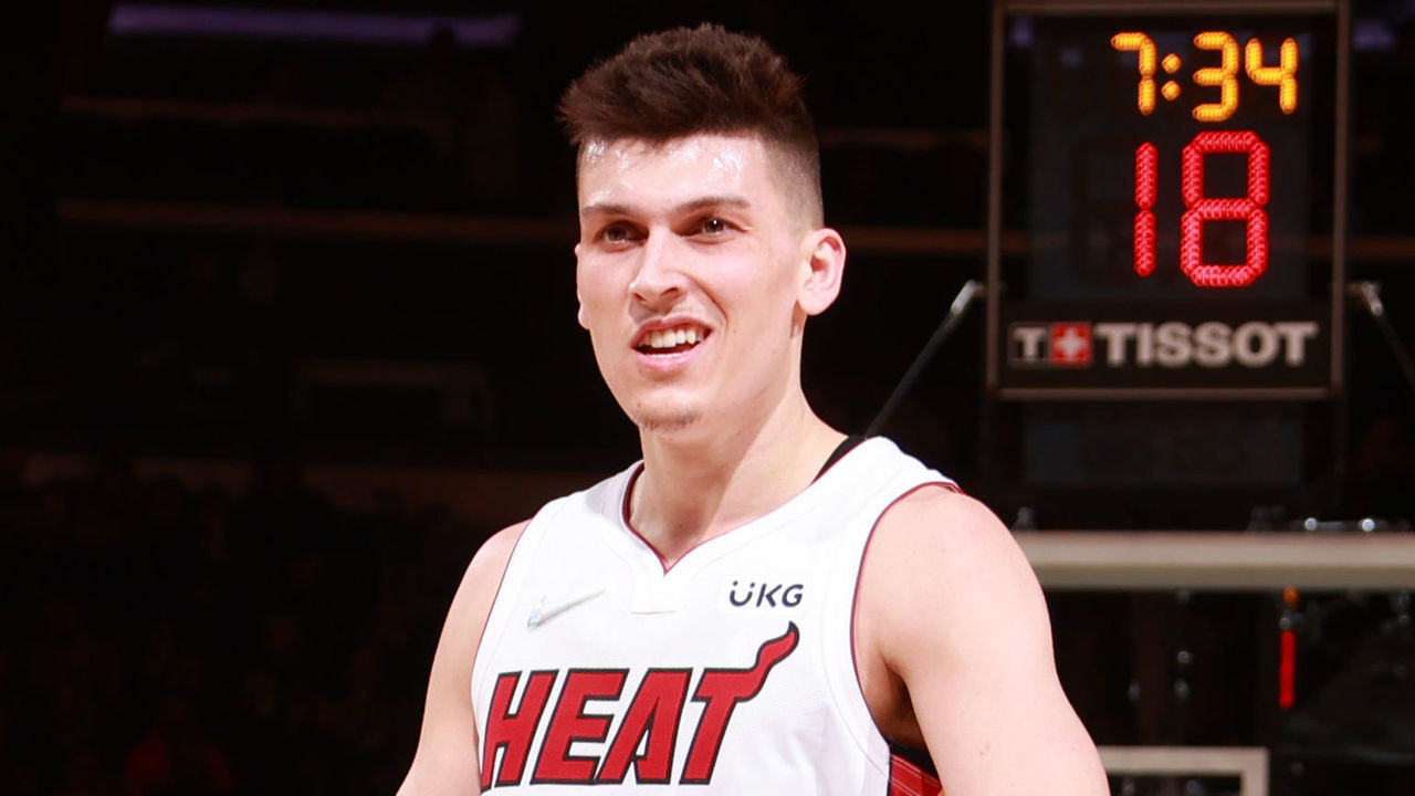 NEW YORK, NY - FEBRUARY 25: Tyler Herro #14 of the Miami Heat celebrates during the game against the New York Knicks on February 25, 2022 at Madison Square Garden in New York City, New York. Mandatory Copyright Notice: Copyright 2022 NBAE