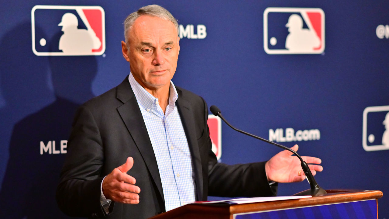 ORLANDO, FLORIDA - FEBRUARY 10: Major League Baseball Commissioner Rob Manfred answers questions during an MLB owner's meeting at the Waldorf Astoria on February 10, 2022 in Orlando, Florida. Manfred addressed the ongoing lockout of players, which owners put in place after the league's collective bargaining agreement ended on December 1, 2021.