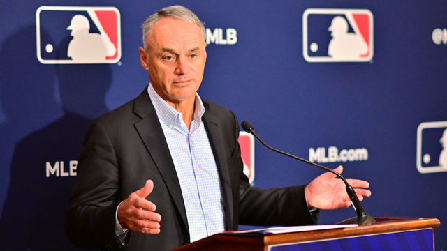 ORLANDO, FLORIDA - FEBRUARY 10: Major League Baseball Commissioner Rob Manfred answers questions during an MLB owner's meeting at the Waldorf Astoria on February 10, 2022 in Orlando, Florida. Manfred addressed the ongoing lockout of players, which owners put in place after the league's collective bargaining agreement ended on December 1, 2021.