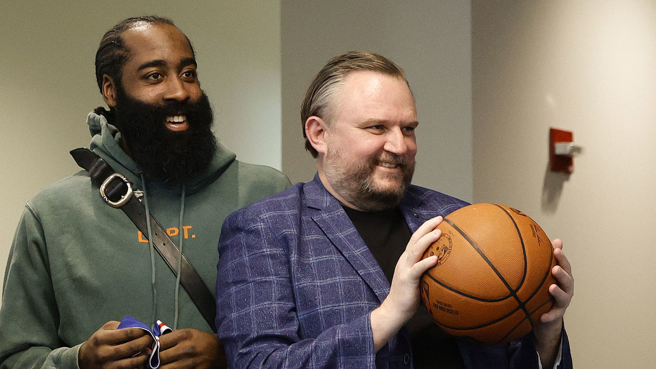 CAMDEN, NEW JERSEY - FEBRUARY 15: James Harden #1 (L) and president of basketball operations Daryl Morey of the Philadelphia 76ers look on during a press conference at the Seventy Sixers Practice Facility on February 15, 2022 in Camden, New Jersey.