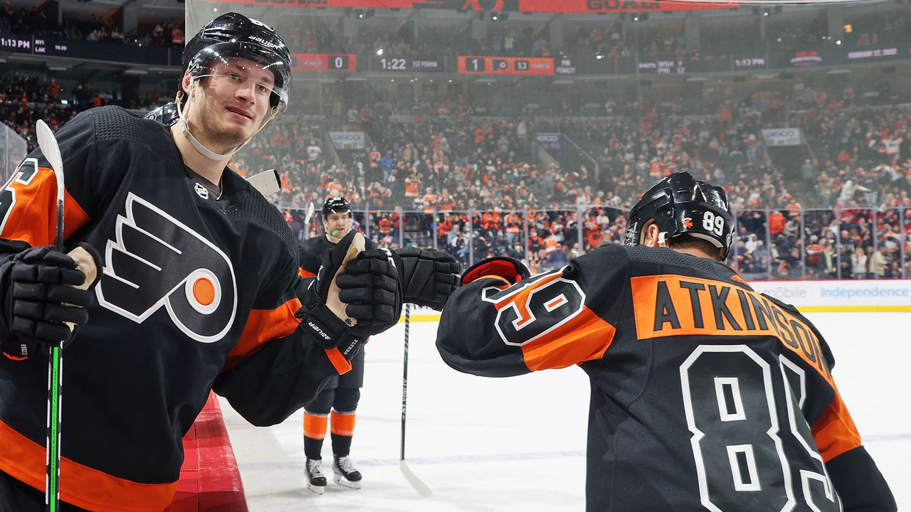 PHILADELPHIA, PA - FEBRUARY 26: Cam Atkinson #89 of the Philadelphia Flyers celebrates his first period goal against the Washington Capitals with Joel Farabee #86 at the Wells Fargo Center on February 26, 2022 in Philadelphia, Pennsylvania.