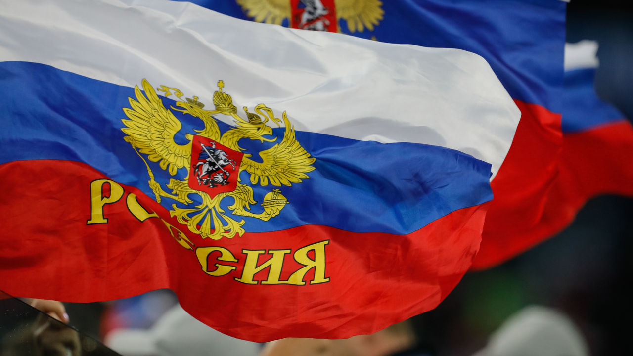 Russia flags are up during the 2018 FIFA World Cup Russia group A match between Russia and Egypt on June 19, 2018 at Saint Petersburg Stadium in Saint Petersburg, Russia.