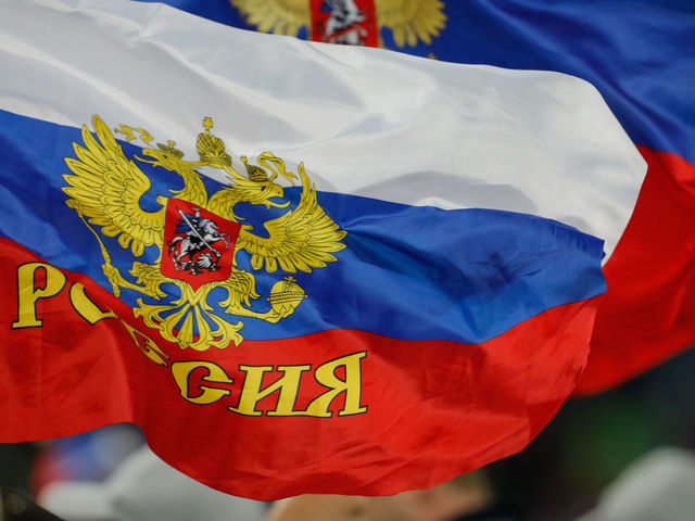 Russia flags are up during the 2018 FIFA World Cup Russia group A match between Russia and Egypt on June 19, 2018 at Saint Petersburg Stadium in Saint Petersburg, Russia.