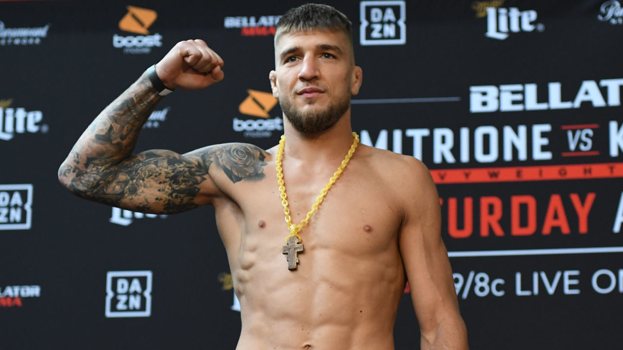 STAMFORD, CT - AUGUST 23: Yaroslav Amosov poses for photos at the weigh-in. Yaroslav Amosov will be challenging Dave Rickels in a 175-pound catchweight bout during the weigh-in on August 23, 2019, at the Webster Bank Arena in Bridgeport, Connecticut.