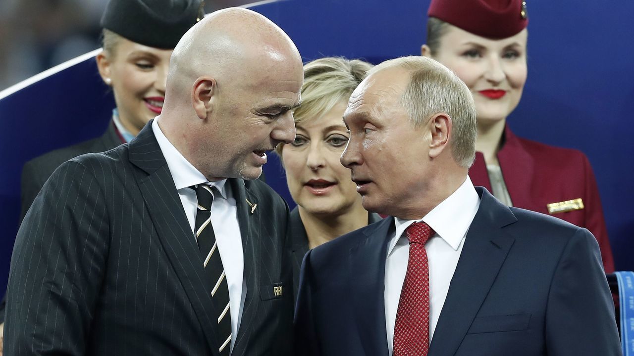 (L-R) FIFA President Gianni Infantino, Russian President Vladimir Putin during the 2018 FIFA World Cup Russia Final match between France and Croatia at the Luzhniki Stadium on July 15, 2018 in Moscow, Russia