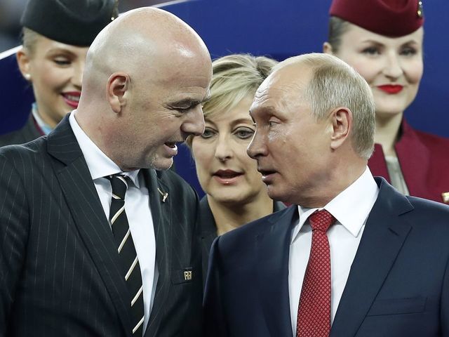 (L-R) FIFA President Gianni Infantino, Russian President Vladimir Putin during the 2018 FIFA World Cup Russia Final match between France and Croatia at the Luzhniki Stadium on July 15, 2018 in Moscow, Russia