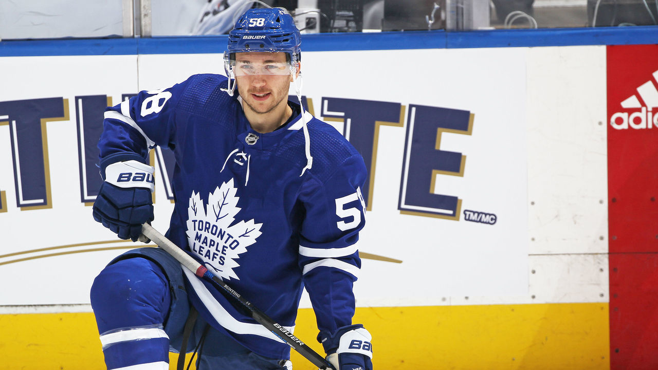 TORONTO, ON - FEBRUARY 17: Michael Bunting #58 of the Toronto Maple Leafs warms up prior to action against the Pittsburgh Penguins in an NHL game at Scotiabank Arena on February 17, 2022 in Toronto, Ontario, Canada. The Maple Leafs defeated the Penguins 4-1.