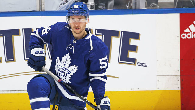 TORONTO, ON - FEBRUARY 17: Michael Bunting #58 of the Toronto Maple Leafs warms up prior to action against the Pittsburgh Penguins in an NHL game at Scotiabank Arena on February 17, 2022 in Toronto, Ontario, Canada. The Maple Leafs defeated the Penguins 4-1.