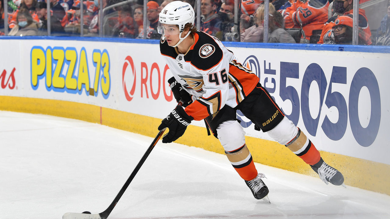 EDMONTON, AB - FEBRUARY 17: Trevor Zegras #46 of the Anaheim Ducks skates during the game against the Edmonton Oilers on February 17, 2022 at Rogers Place in Edmonton, Alberta, Canada.