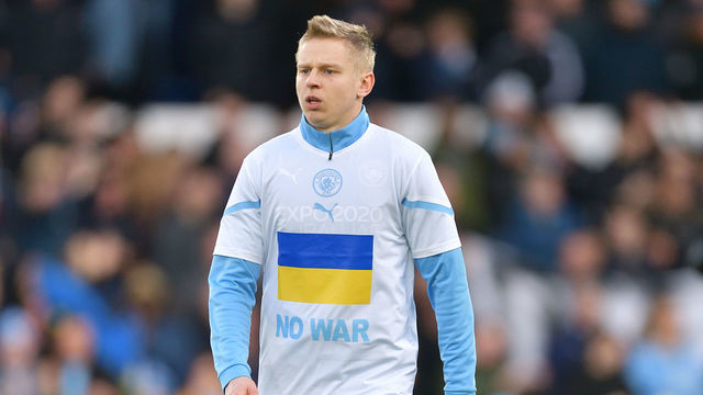 LIVERPOOL, ENGLAND - FEBRUARY 26: Oleksandr Zinchenko of Manchester City and Ukraine wears a No War t-shirt in support Ukraine before the Premier League match between Everton and Manchester City at Goodison Park on February 26, 2022 in Liverpool, England.