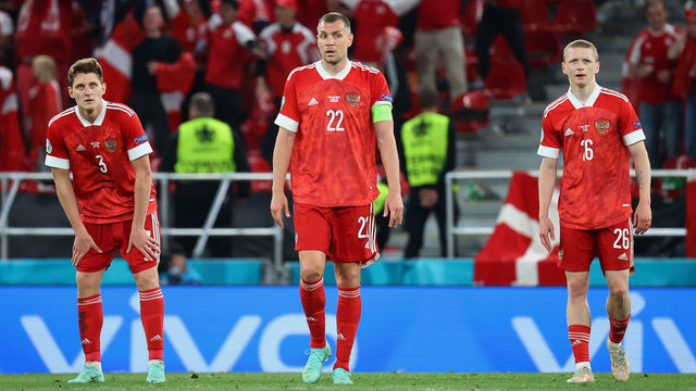 COPENHAGEN, DENMARK - JUNE 21: (L - R) Igor Diveev, Artem Dzyuba and Maksim Mukhin of Russia look dejected after the Denmark fourth goal scored by Joakim Maehle during the UEFA Euro 2020 Championship Group B match between Russia and Denmark at Parken Stadium on June 21, 2021 in Copenhagen, Denmark.