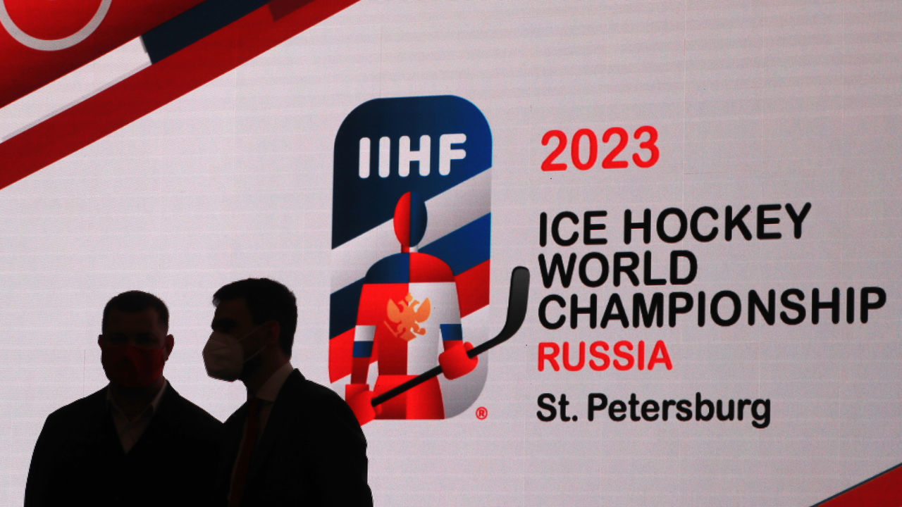 ST PETERSBURG, RUSSIA SEPTEMBER 21, 2021: The logo of the forthcoming 2023 IIHF World Championship, inspired by Kazimir Malevich paintings and Russian avant-garde, is unveiled during a ceremony at Grand Hotel Europe. The championship is scheduled to be held in St Petersburg. Peter Kovalev/TASS