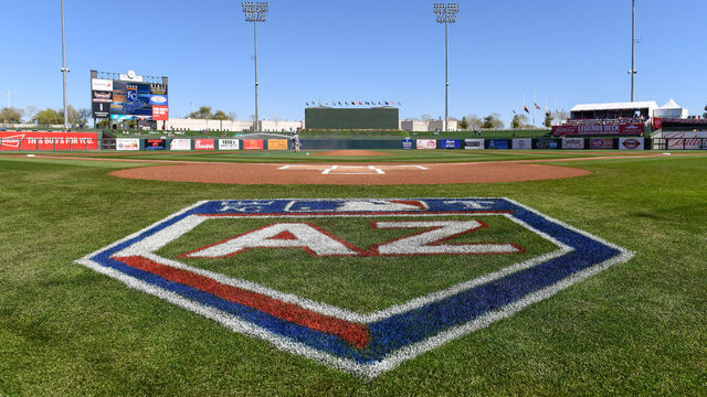SURPRISE, AZ - FEBRUARY 24: An overall view of the 2018 Cactus League logo at Surprise Stadium prior to the spring training game between the Los Angeles Dodgers and Kansas City Royals on February 24, 2018 in Surprise, Arizona.