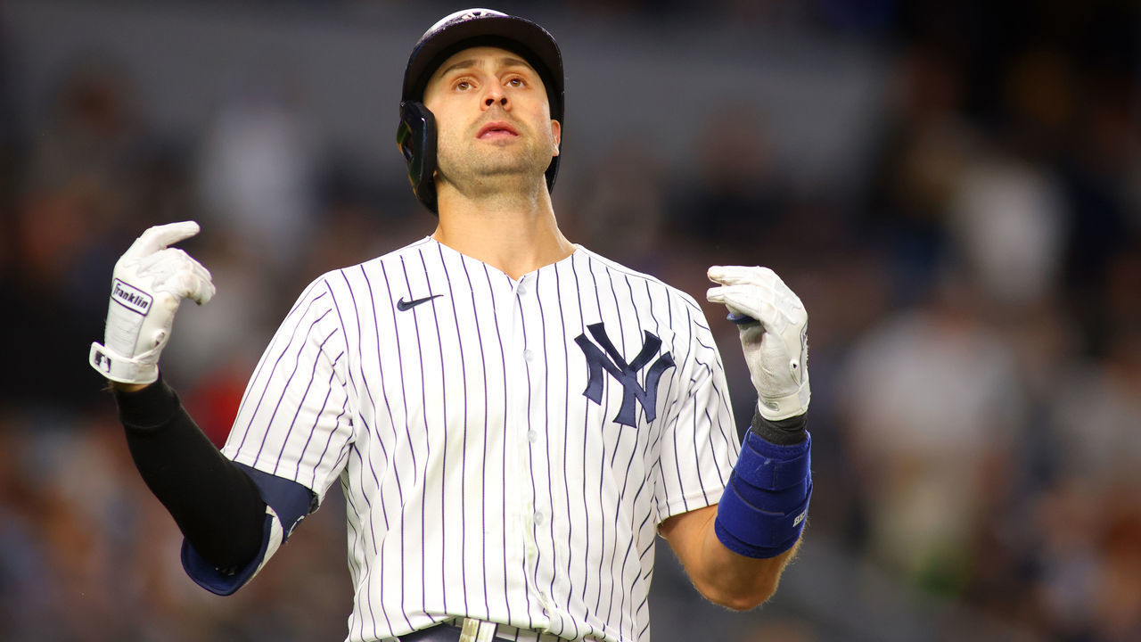NEW YORK, NEW YORK - OCTOBER 01: Joey Gallo #13 of the New York Yankees reacts after lining out to right field in the bottom of the sixth inning against the Tampa Bay Rays at Yankee Stadium on October 01, 2021 in New York City.