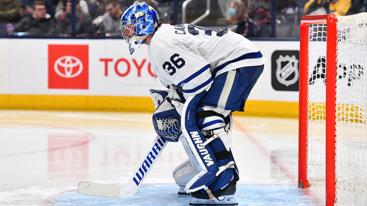 COLUMBUS, OH - FEBRUARY 22: Jack Campbell #36 of the Toronto Maple Leafs stands in net prior to the start of the third period during a game against the Columbus Blue Jackets at Nationwide Arena on February 22, 2022 in Columbus, Ohio.