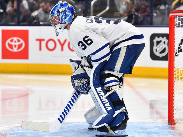 COLUMBUS, OH - FEBRUARY 22: Jack Campbell #36 of the Toronto Maple Leafs stands in net prior to the start of the third period during a game against the Columbus Blue Jackets at Nationwide Arena on February 22, 2022 in Columbus, Ohio.