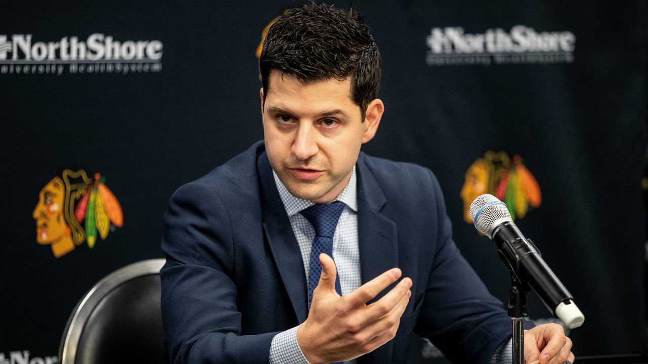 CHICAGO, ILLINOIS - NOVEMBER 7: Chicago Blackhawks interim General Manager Kyle Davidson addresses the media at United Center on November 7, 2021 in Chicago, Illinois.