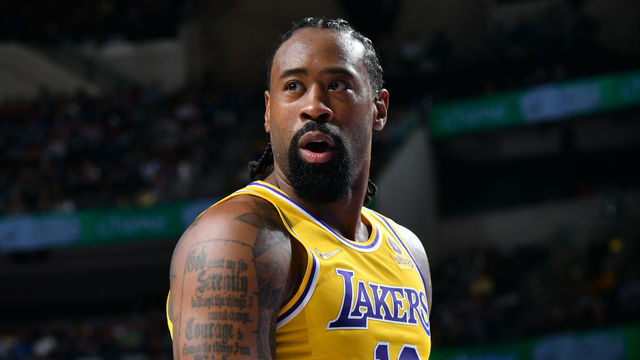 DALLAS, TX - DECEMBER 15: DeAndre Jordan #10 of the Los Angeles Lakers looks on during the game against the Dallas Mavericks on December 15, 2021 at the American Airlines Center in Dallas, Texas. Mandatory Copyright Notice: Copyright 2021 NBAE