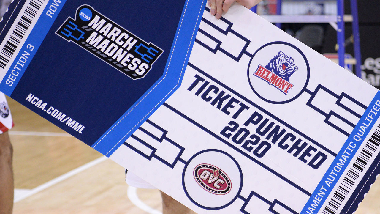 EVANSVILLE, IN - MARCH 07: The Belmont Bruins logo is seen on the ticket to the NCAA Tournament at the conclusion of the Ohio Valley Conference Tournament championship game between the Murray State Racers and the Belmont Bruins on March 7, 2020, at the Ford Center in Evansville, Indiana.
