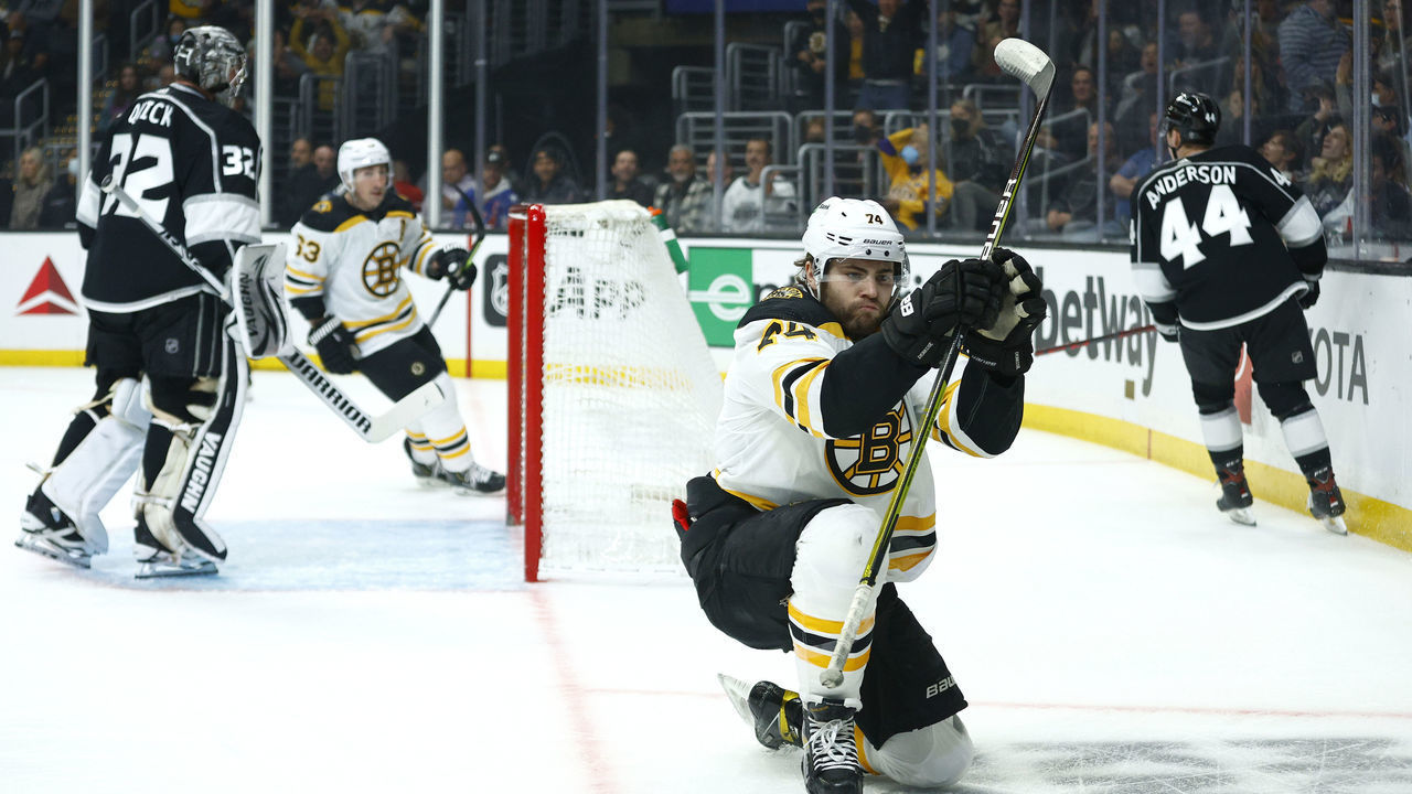 LOS ANGELES, CALIFORNIA - FEBRUARY 28: Jake DeBrusk #74 of the Boston Bruins celebrates a goal against the Los Angeles Kings in the first period at Crypto.com Arena on February 28, 2022 in Los Angeles, California.