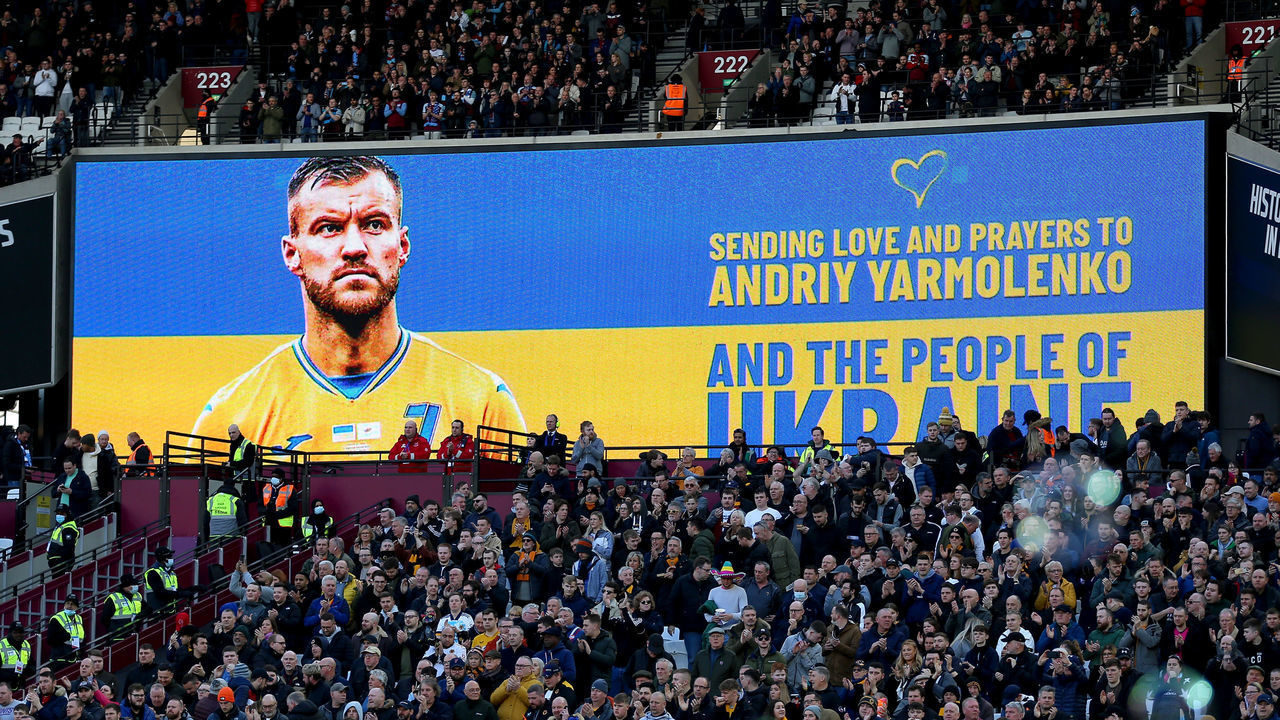 A message supporting West Ham United's Andriy Yarmolenko and the people of Ukraine is displayed on screen ahead of the Premier League match at the London Stadium, London. Picture date: Sunday February 27, 2022.