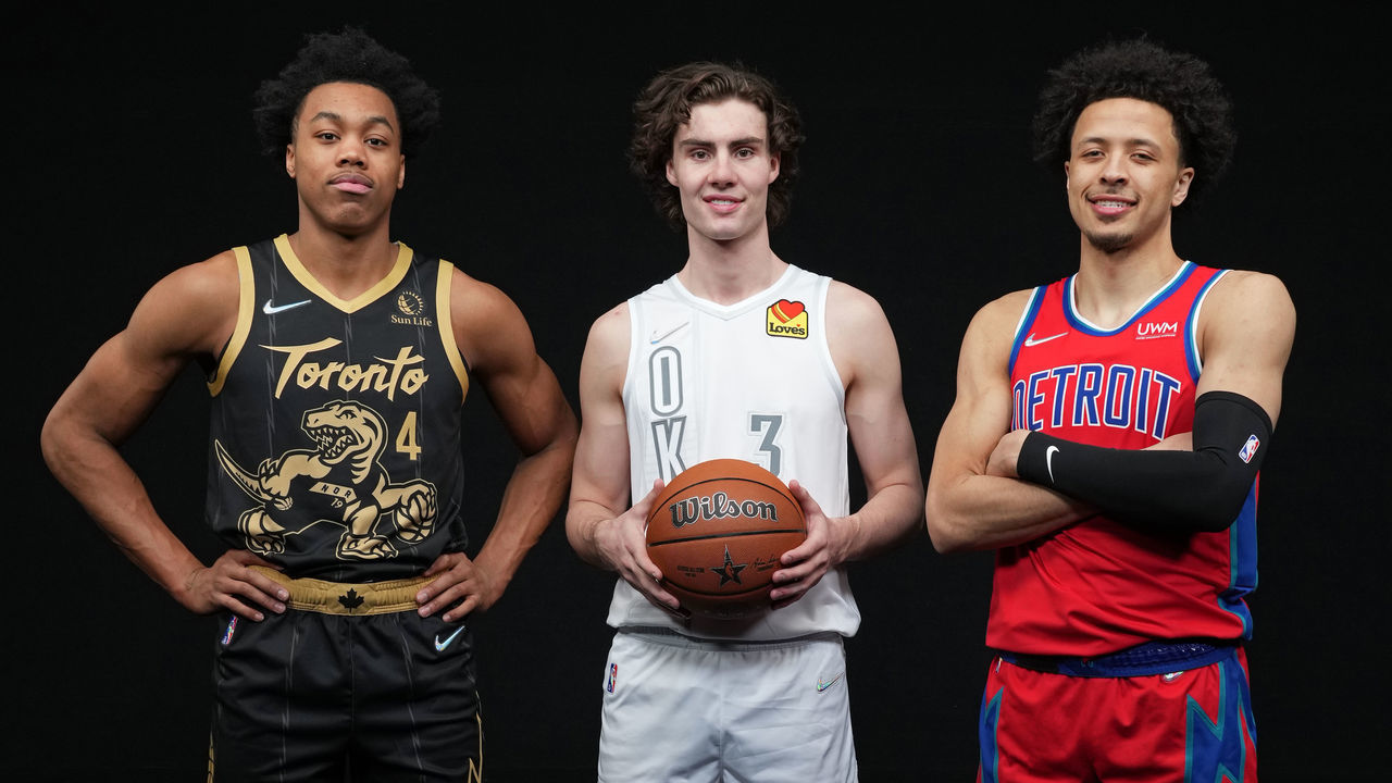 CLEVELAND, OH - FEBRUARY 19: Scottie Barnes #4 of the Toronto Raptors, Josh Giddey #3 of the Oklahoma City Thunder and Cade Cunningham #2 of the Detroit Pistons pose for a portrait before the Taco Bell Skills Challenge as part of 2022 NBA All Star Weekend on February 19, 2022 at Rocket Mortgage FieldHouse in Cleveland, Ohio. NOTE TO USER: User expressly acknowledges and agrees that, by downloading and/or using this Photograph, user is consenting to the terms and conditions of the Getty Images License Agreement. Mandatory Copyright Notice: Copyright 2022 NBAE