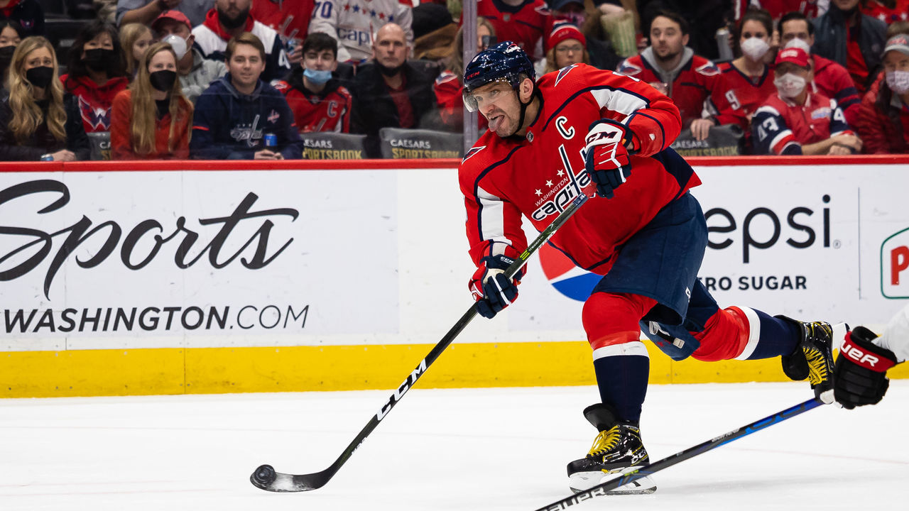 WASHINGTON, DC - FEBRUARY 13: Alex Ovechkin #8 of the Washington Capitals shoots the puck against the Ottawa Senators during the second period of the game at Capital One Arena on February 13, 2022 in Washington, DC.