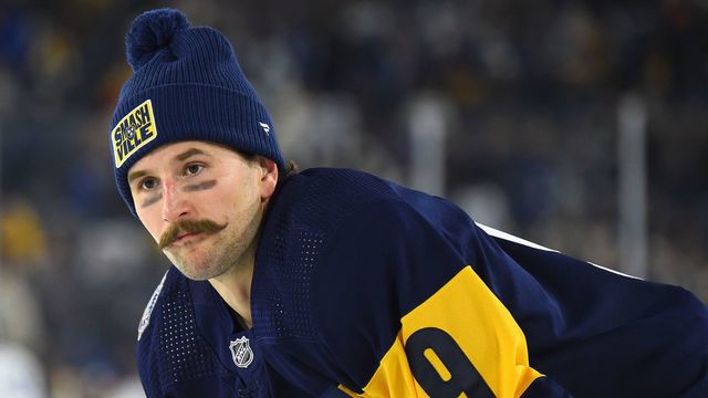 NASHVILLE, TENNESSEE - FEBRUARY 26: Filip Forsberg #9 of the Nashville Predators looks on during warm-up before the 2022 NHL Stadium Series game between the Tampa Bay Lightning and the Nashville Predators at Nissan Stadium on February 26, 2022 in Nashville, Tennessee.
