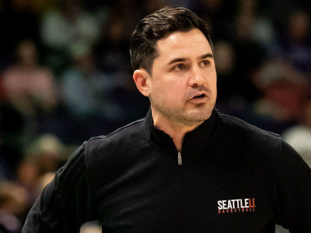 PHOENIX, AZ - FEBRUARY 03: Seattle University Head Coach Chris Victor wants an explanation on a missed foul during a basketball game between the Grand Canyon Lopes and Seattle Redhawks on February 3, 2022, at GCU Arena in Phoenix, AZ.