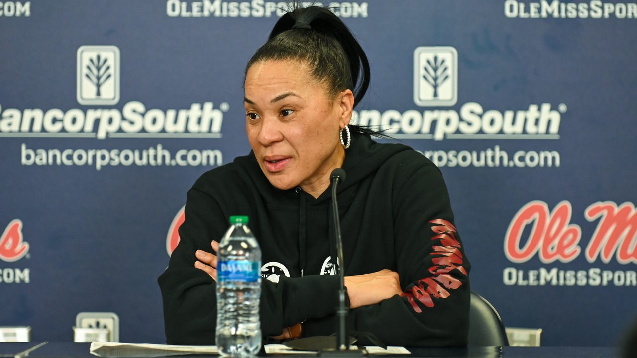 OXFORD, MS - FEBRUARY 27: South Carolina Gamecocks head coach Dawn Staley during the post-game media conference after the college basketball game between the South Carolina Gamecocks and the Ole' Miss Rebels on February 27, 2022 at the SJB Pavilion in Oxford, MS.