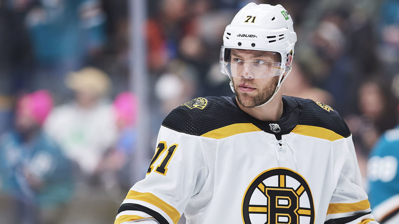 SAN JOSE, CA - FEBRUARY 26: Boston Bruins left wing Taylor Hall (71) skates during a timeout during the NHL game between the San Jose Sharks and the Boston Bruins on February 26, 2022 at SAP Center in San Jose, CA.