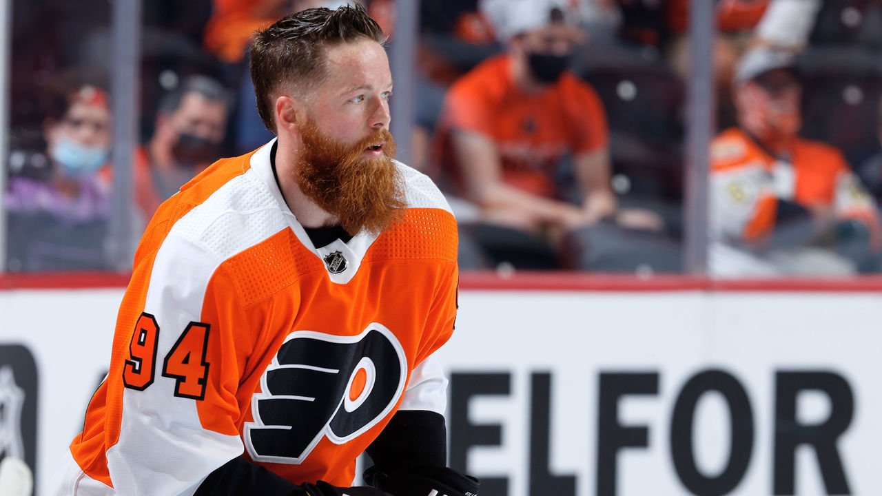 PHILADELPHIA, PA - OCTOBER 15: Ryan Ellis #94 of the Philadelphia Flyers skates during warm-ups prior to his game against the Vancouver Canucks at the Wells Fargo Center on October 15, 2021 in Philadelphia, Pennsylvania.