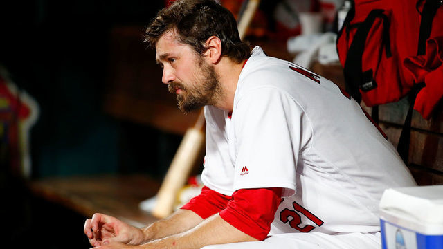 ST LOUIS, MO - JUNE 20: Andrew Miller #21 of the St. Louis Cardinals sits in the dugout after giving up a game-inns two-run home run against the Miami Marlins in the eleventh inning at Busch Stadium on June 20, 2019 in St Louis, Missouri.